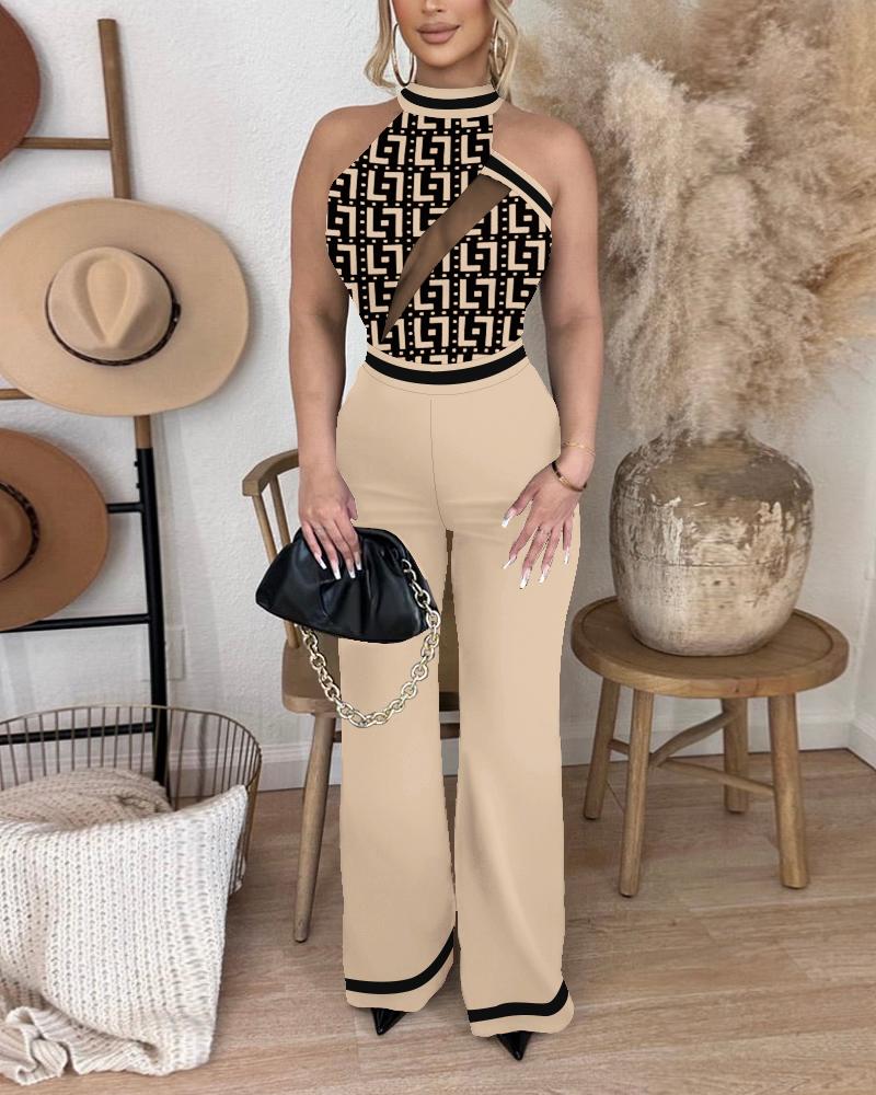 

Geometric Print Contrast Paneled Mock Neck Jumpsuit, Apricot