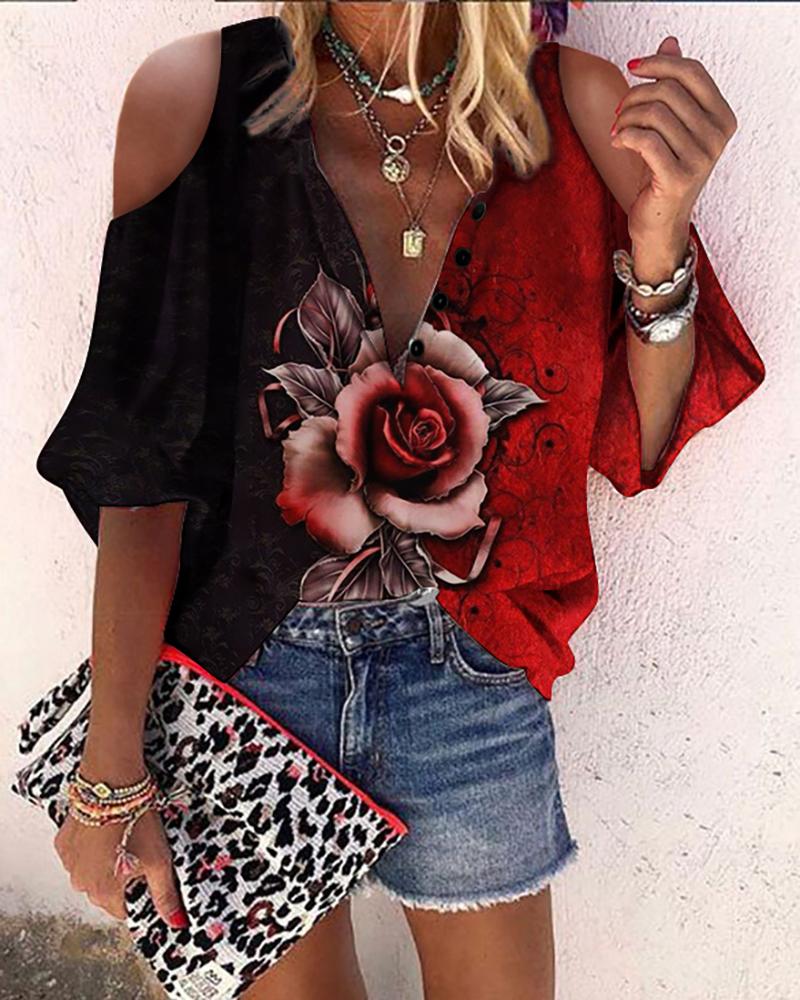 

3D Rose Print Button Cold Shoulder Front Lantern Sleeve Shirt, Red