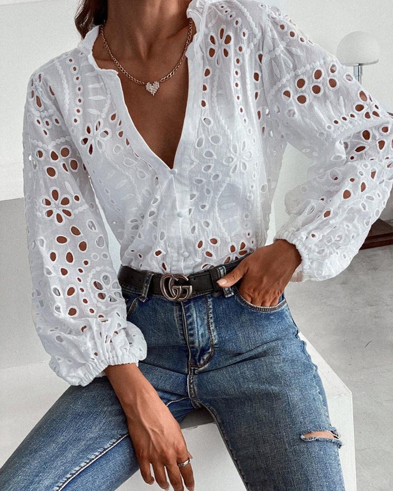 

Eyelet Embroidery Frill Hem Long Sleeve Top, White