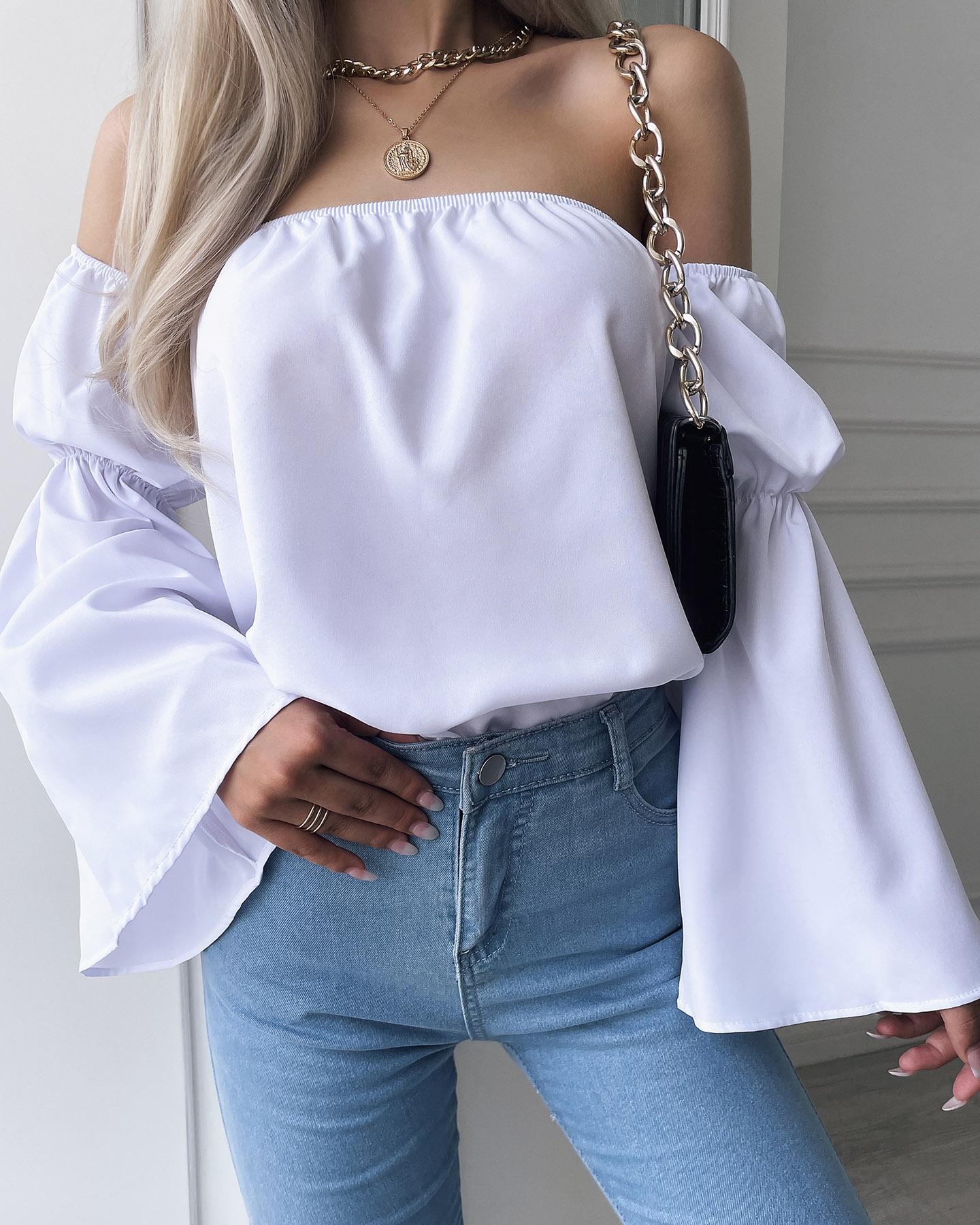 

Off Shoulder Bell Sleeve Casual Top, White