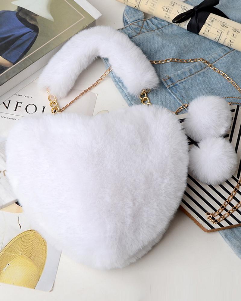 

Fluffy Heart Shaped Pom Pom Chain Strap Handbag, White