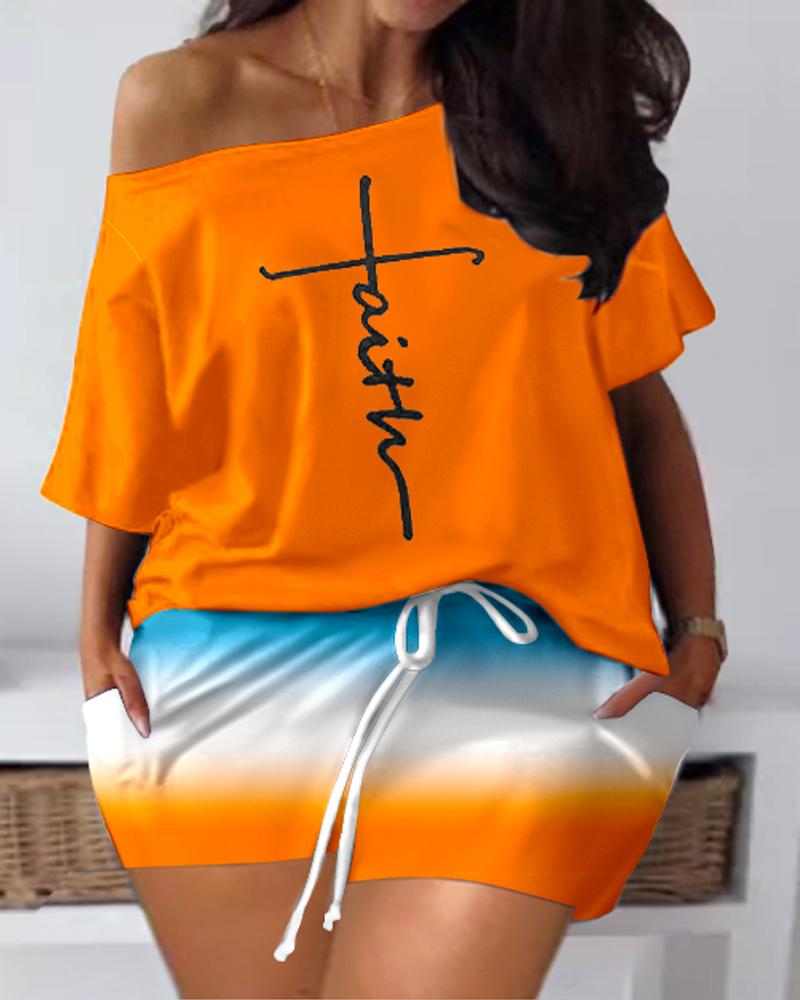 

Plus Size Faith Print Ombre Top & Shorts Set, Orange