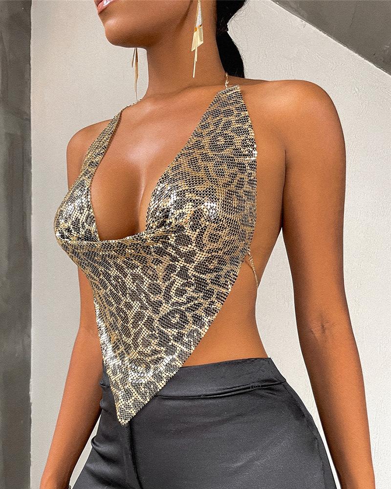 

Halter Sequins Chain Strap Cheetah Print Handkerchief Top, Leopard