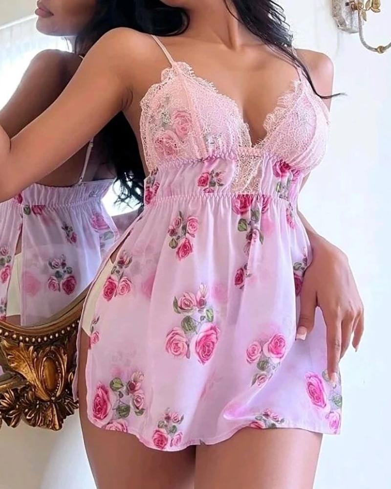

Floral Print Crochet Lace Patch Sleep Dress, Light purple