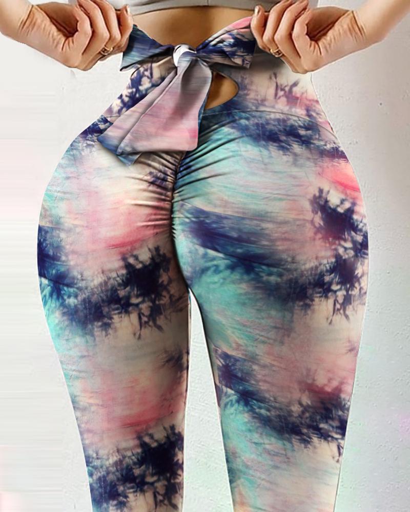 

Tie Dye Print Bowknot Scrunch Butt Leggings High Waist Lifting Yoga Pants, Multicolor