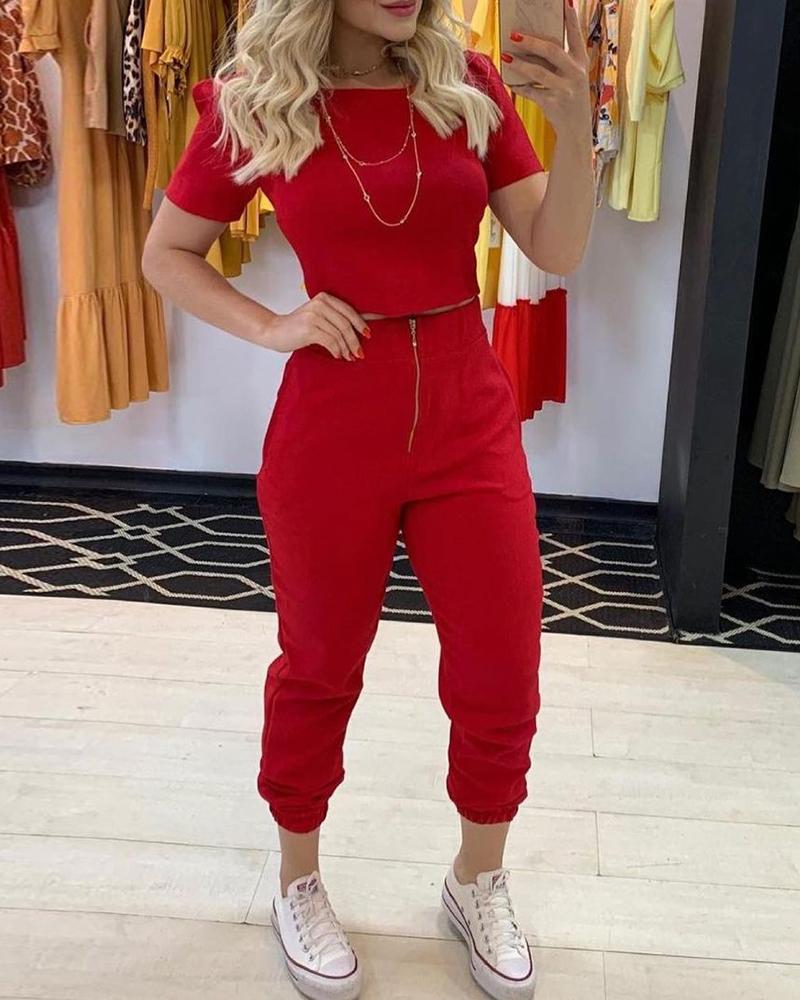 

Puff Sleeve Crop Top & Zip Front Pocket Design Pants Set, Red