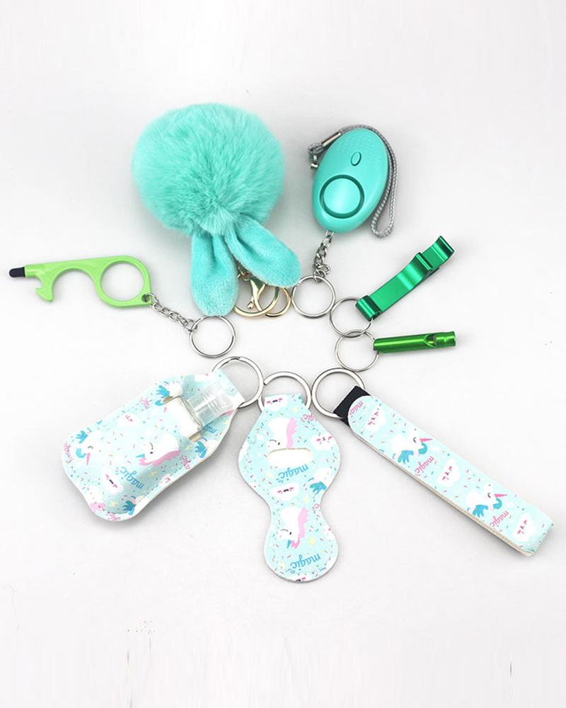 

9pcs Graphic Print Whistle Pom Pom Self Defensive Keychain Set, Style7