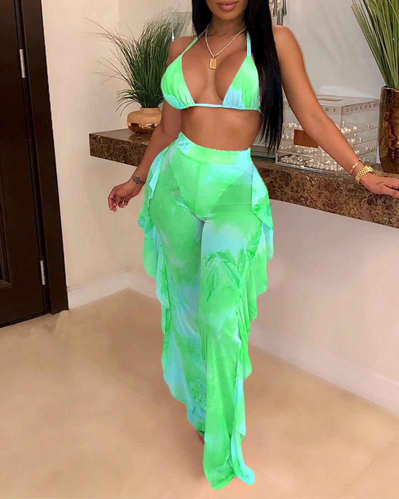 

Print Ruffles Bikini & Pant Set, Green