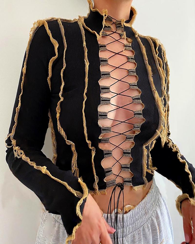 

Frill Hem Cutou Lace-up Tassel Crop Top, Black