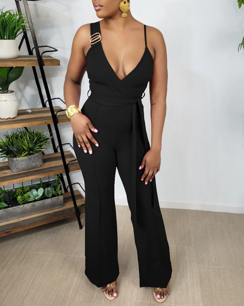 

Plain V-Neck Sleeveless Belted Jumpsuit, Black
