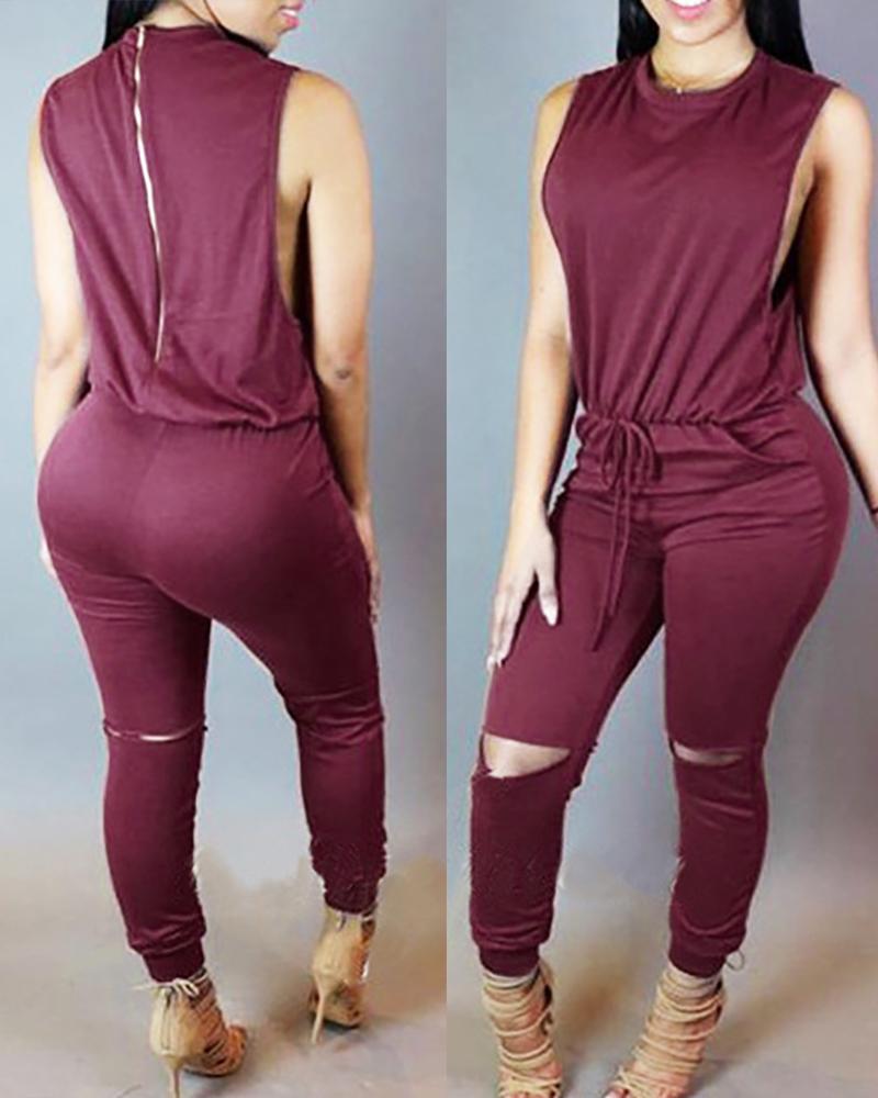 

Sleeveless Solid Top & Drawstring Cut Out Pants Set, Wine red