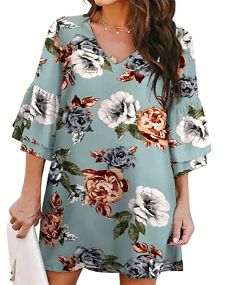 

Ruffle Hem Floral Print Flutter Sleeve Dress, Green