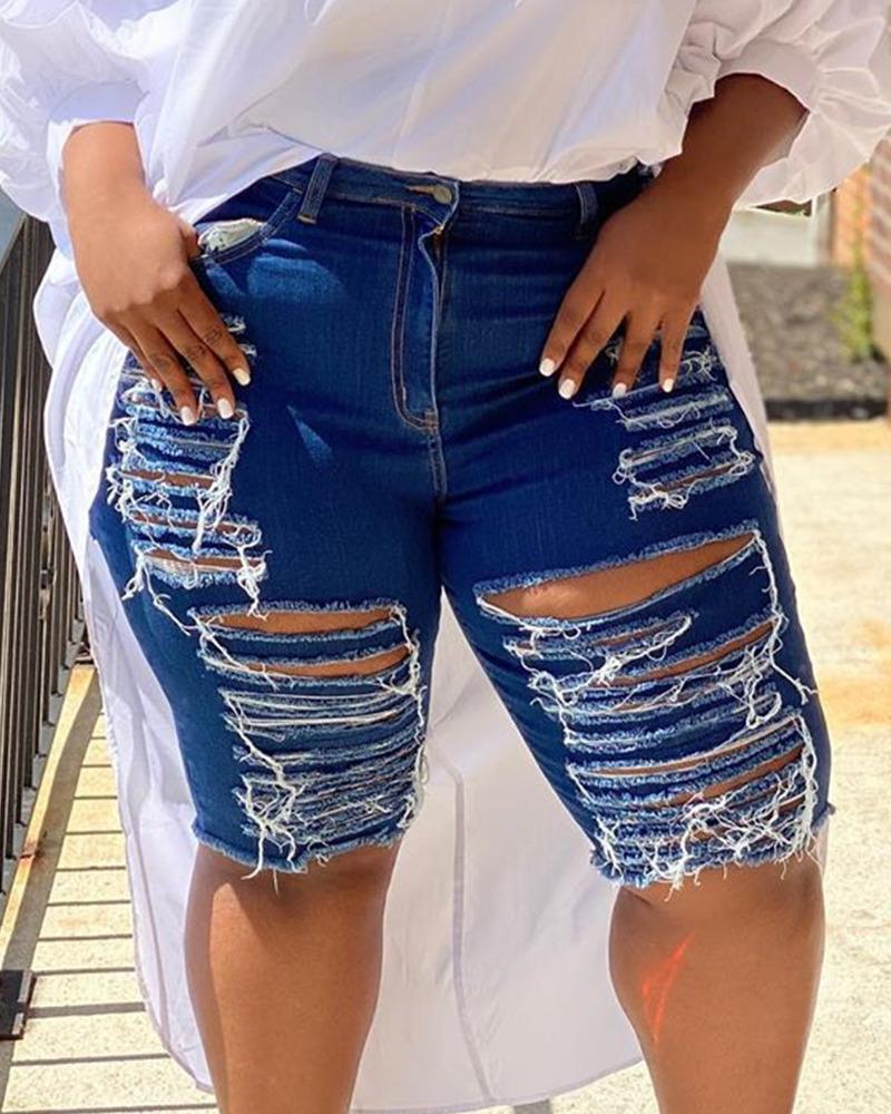 

Zipper Fly Ripped Raw Hem Denim Shorts, Blue