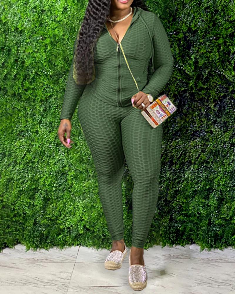 

Plus Size Zipper Design Hooded Top & High Waist Pants Set, Green