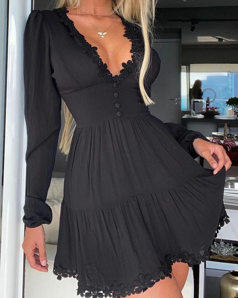 

Solid Long Sleeve Lace Skinny Waist Dress, Black