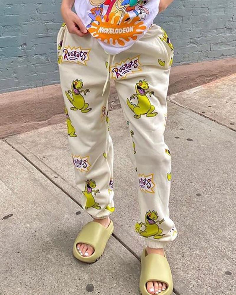 

Cartoon Print Pockets Design Drawstring Casual Pants, Yellow