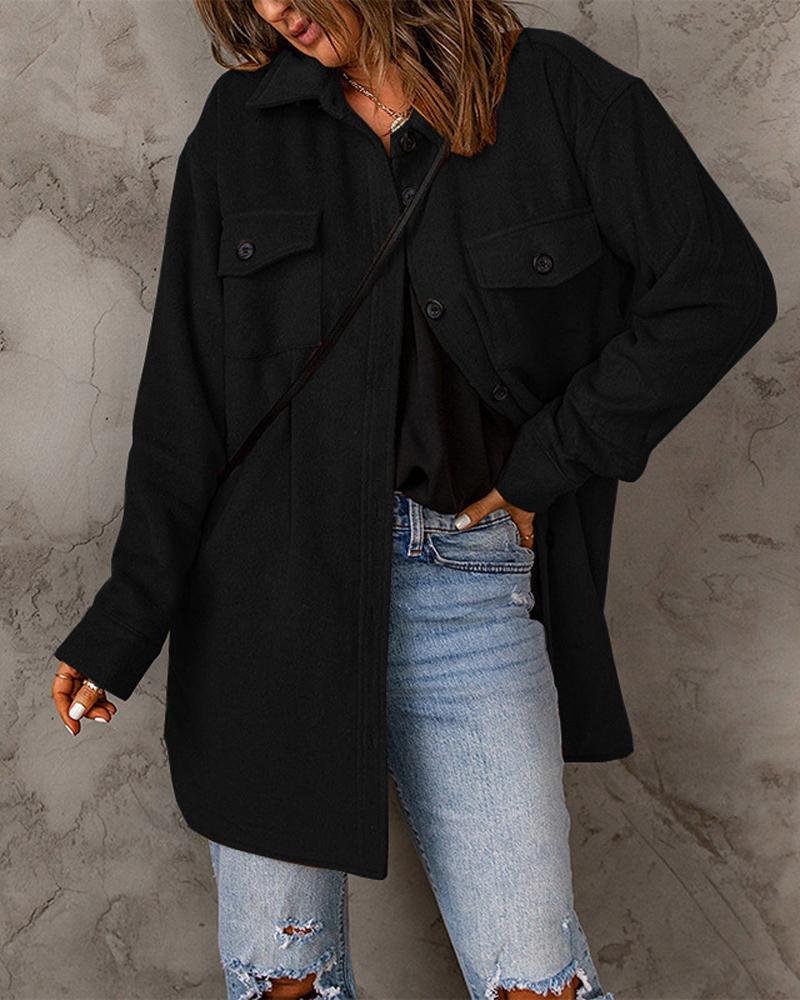 

Long Sleeve Button Down Shacket, Black