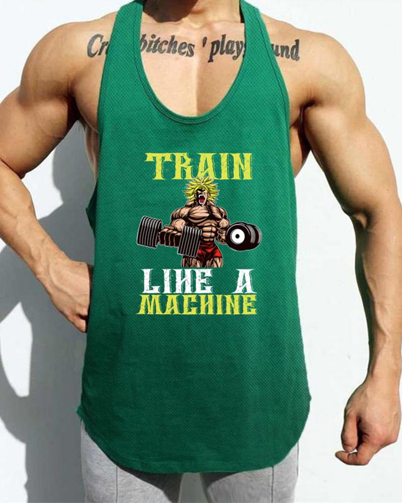 

Cartoon Muscle Saiyan Print & Letter Print Sleeveless Tank, Green