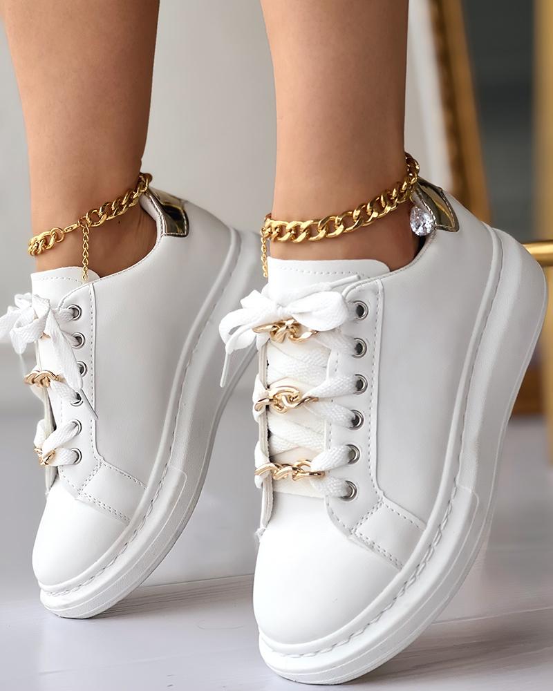 

Chain Decor Lace-up Sneakers, White