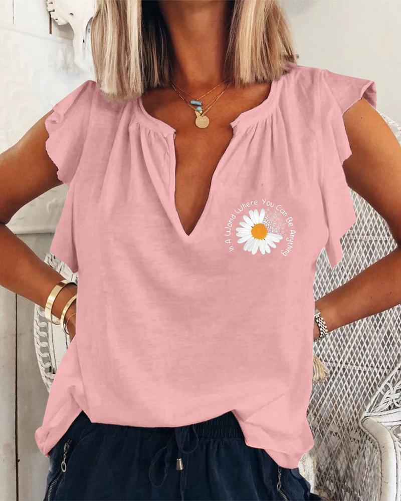 

Floral Print Ruffle Hem Casual Top, Pink