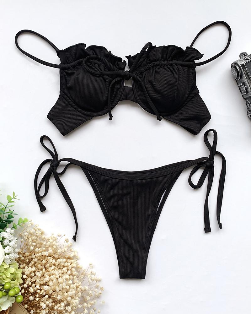 

Frill Hem Sleeveless Tied Detail Bikini Set, Black