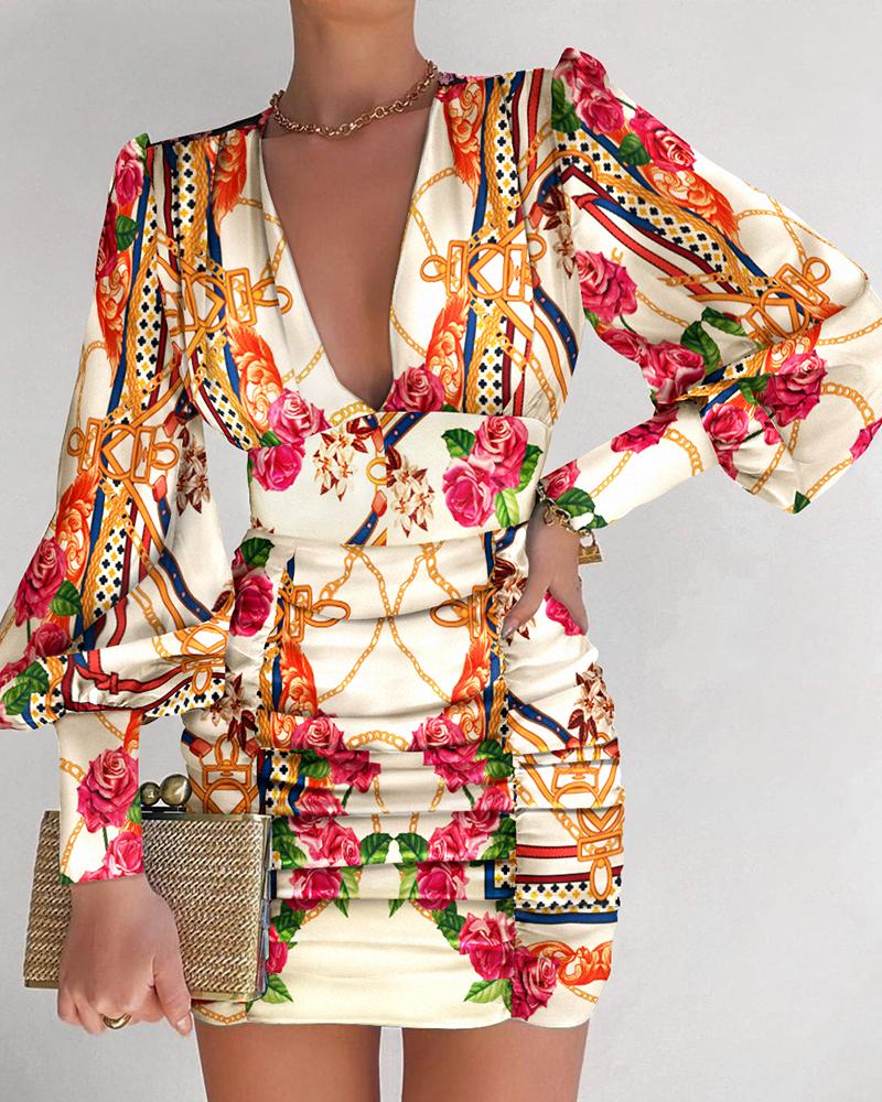 

Scarf Floral Print Plunge Ruched Puff Lantern Sleeve Dress, Multicolor