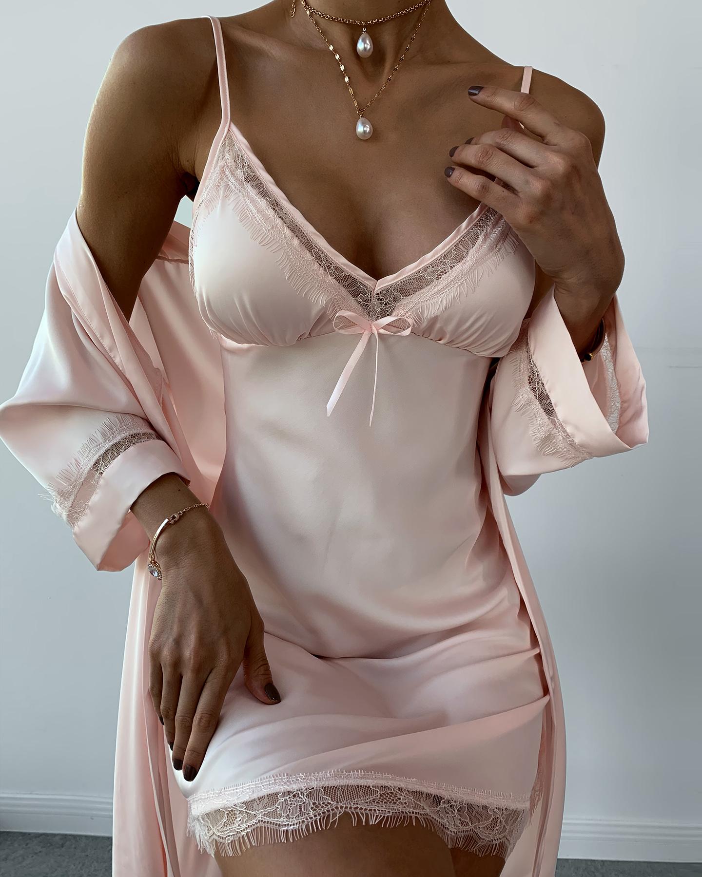 

Lace Trim Satin Padded Robe & Gown Set, Pink