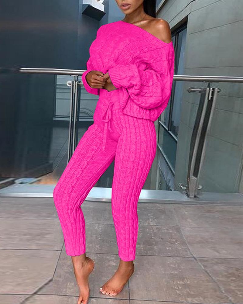 

Long Sleeve Cable Knit Sweater & Pants Set, Hot pink