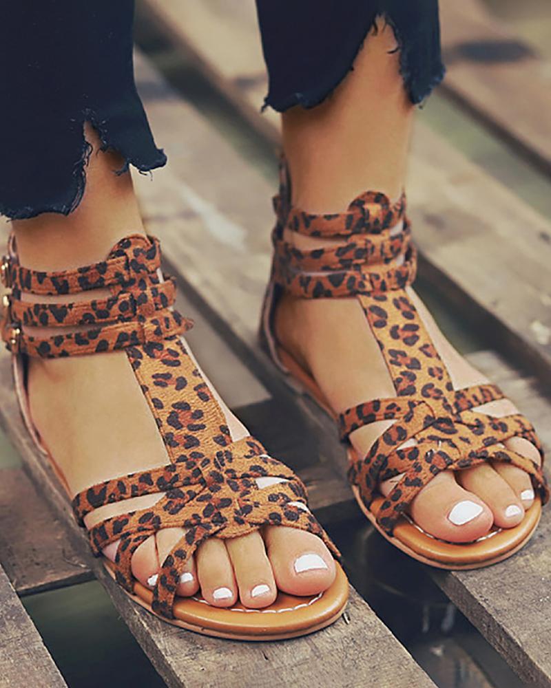 

Suede Multi-Strap Crisscross Flat Sandals, Leopard