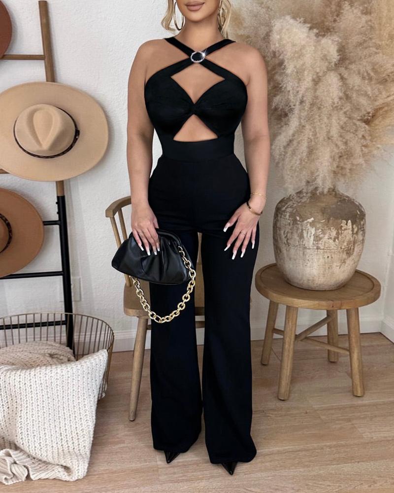 

Criss Cross Cutout Twisted Wide Leg Jumpsuit, Black