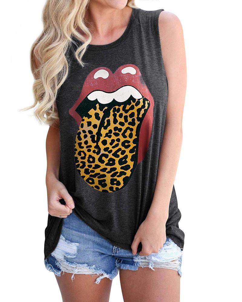 

Lip Cheetah Print Casual Tank Top, Dark grey