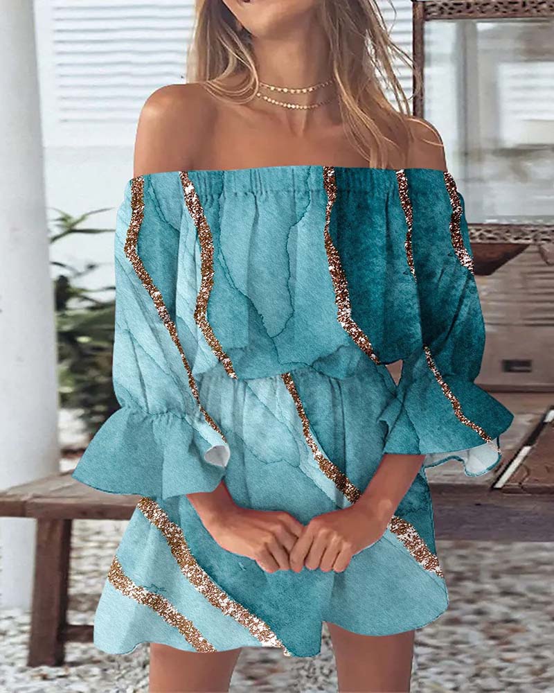 

Off Shoulder Marble Print Bell Lantern Sleeve Dress, Blue