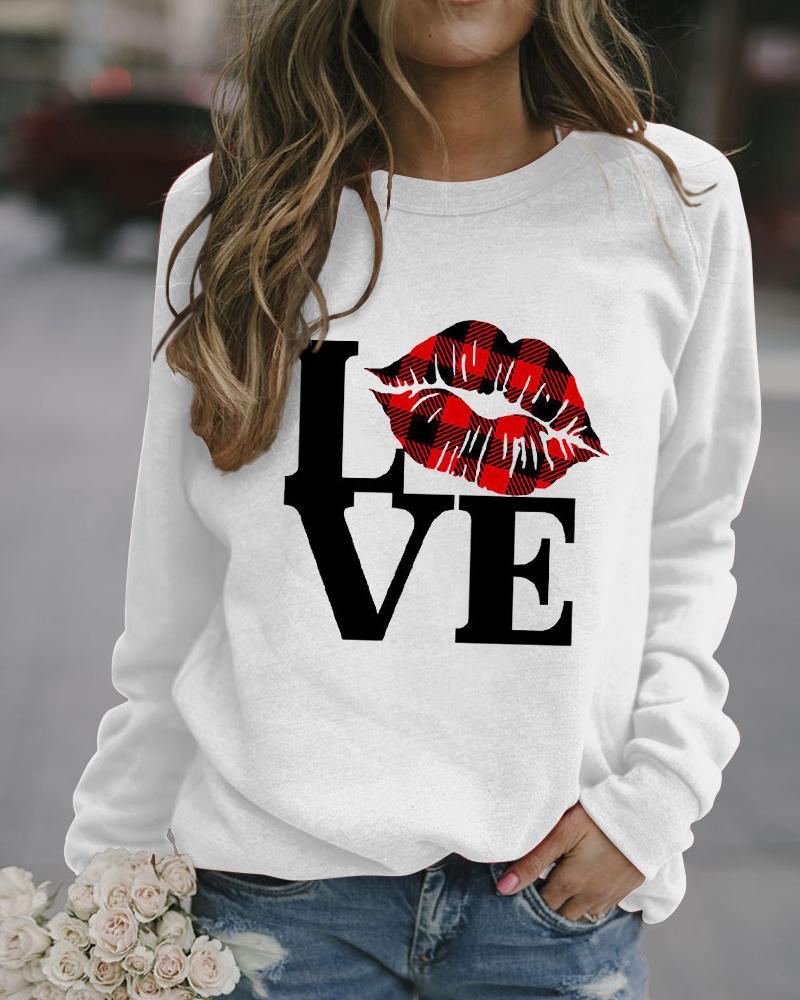 

Valentine's Day Lip Letter Print Long Sleeve Top, White
