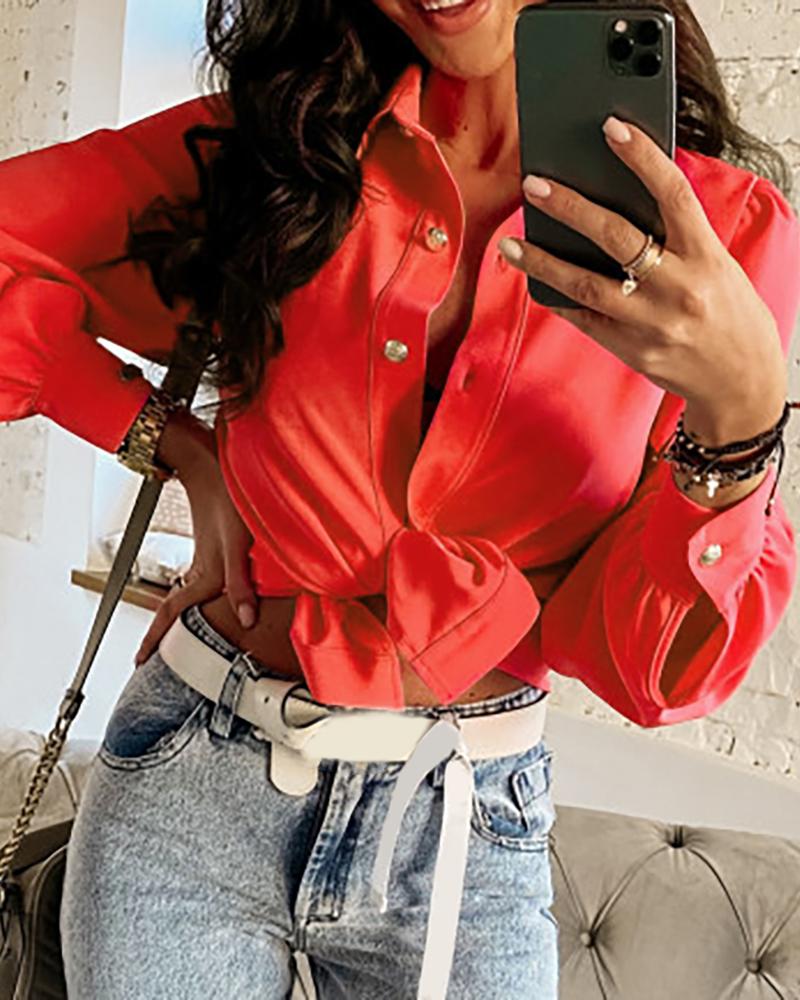 

Knotted Puffed Lantern Sleeve Crop Top, Red