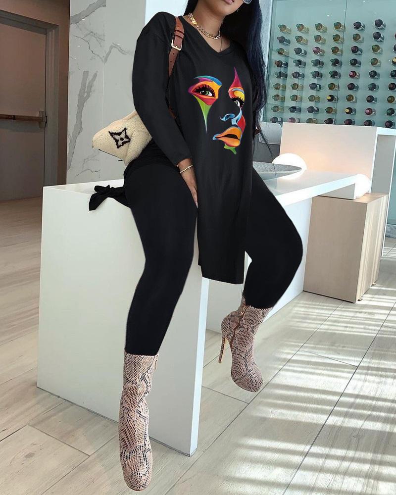 

Figure Print Split Hem Long Sleeve Top & Pants Set, Black