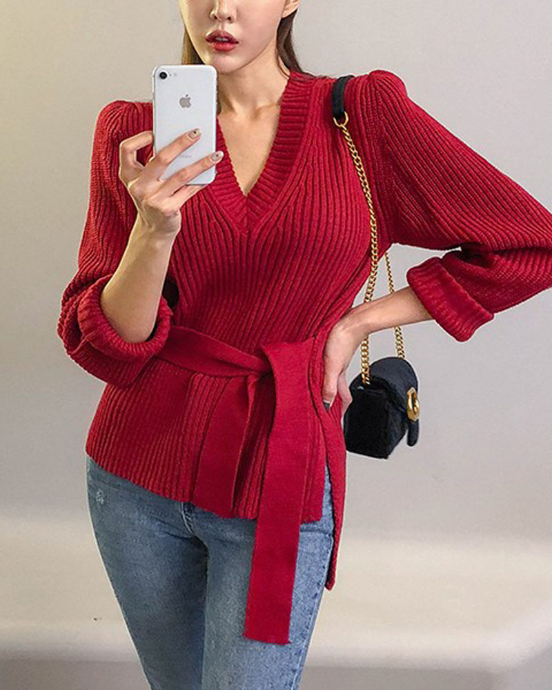 

Tied Detail Split Hem V-Neck Sweater, Wine red