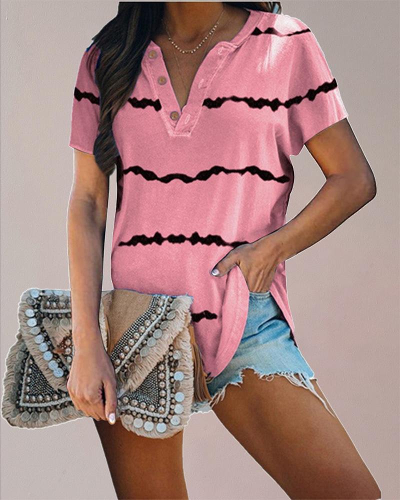 

Tie Dye Print Buttoned V-Cut Casual T-shirt, Pink