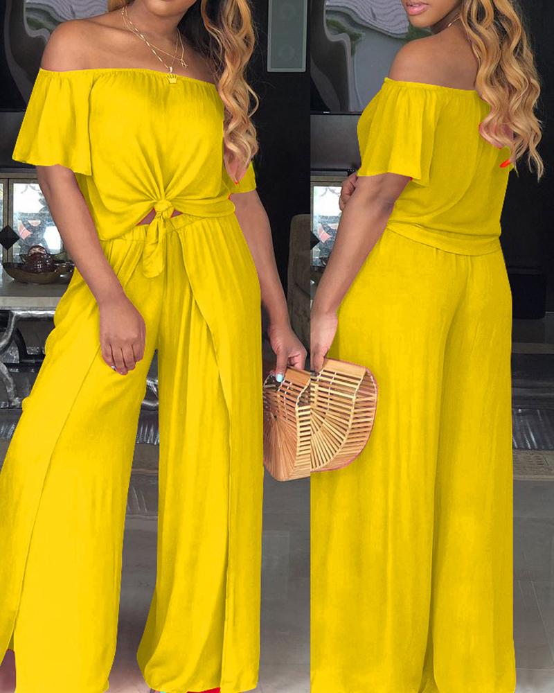 

Off Shoulder Tied Detail Top & Slit Leg Pants Set, Yellow