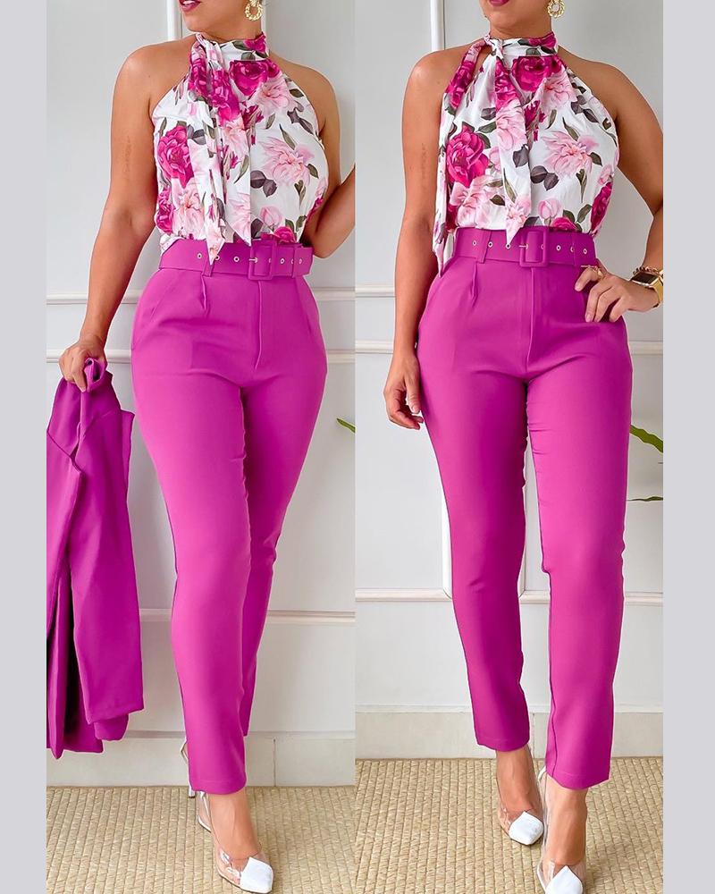 

Ensemble débardeur à imprimé floral et pantalon taille haute avec ceinture, Hot pink