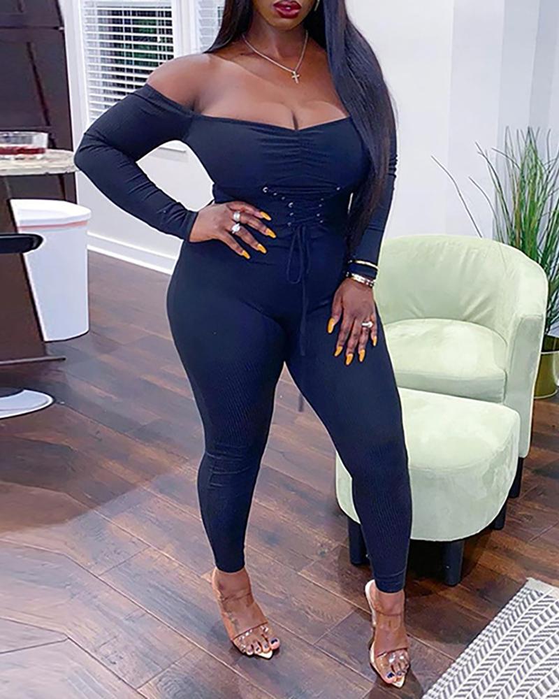 

Off Shoulder Eyelet Lace-up Skinny Jumpsuit, Black