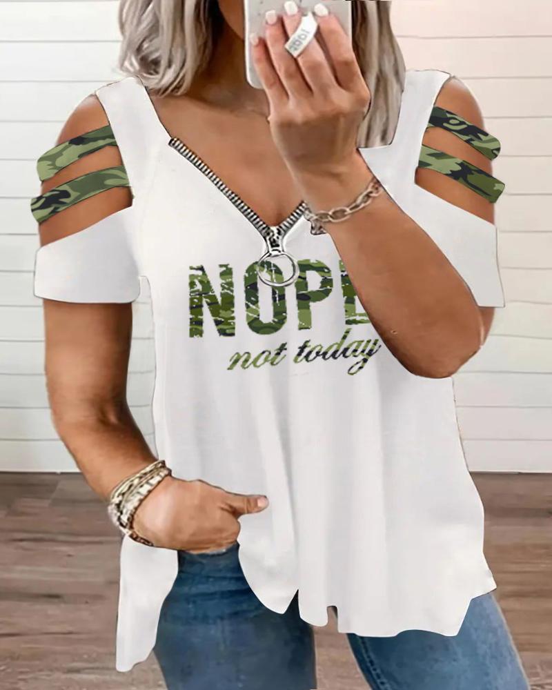 

Plus Size Nope Not Today Camouflage Print Cutout Zipper Design T-Shirt, White