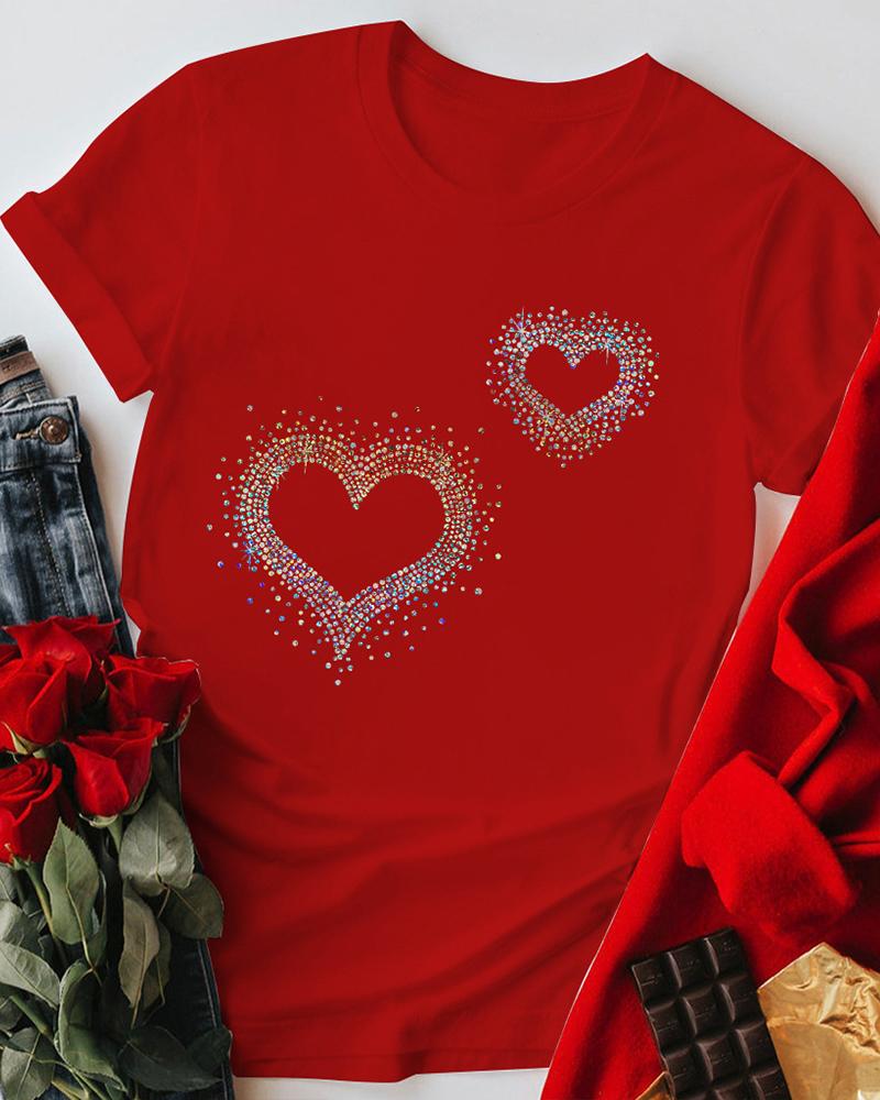 

Valentine' Day Rhinestone Decor Heart Pattern Top, Red