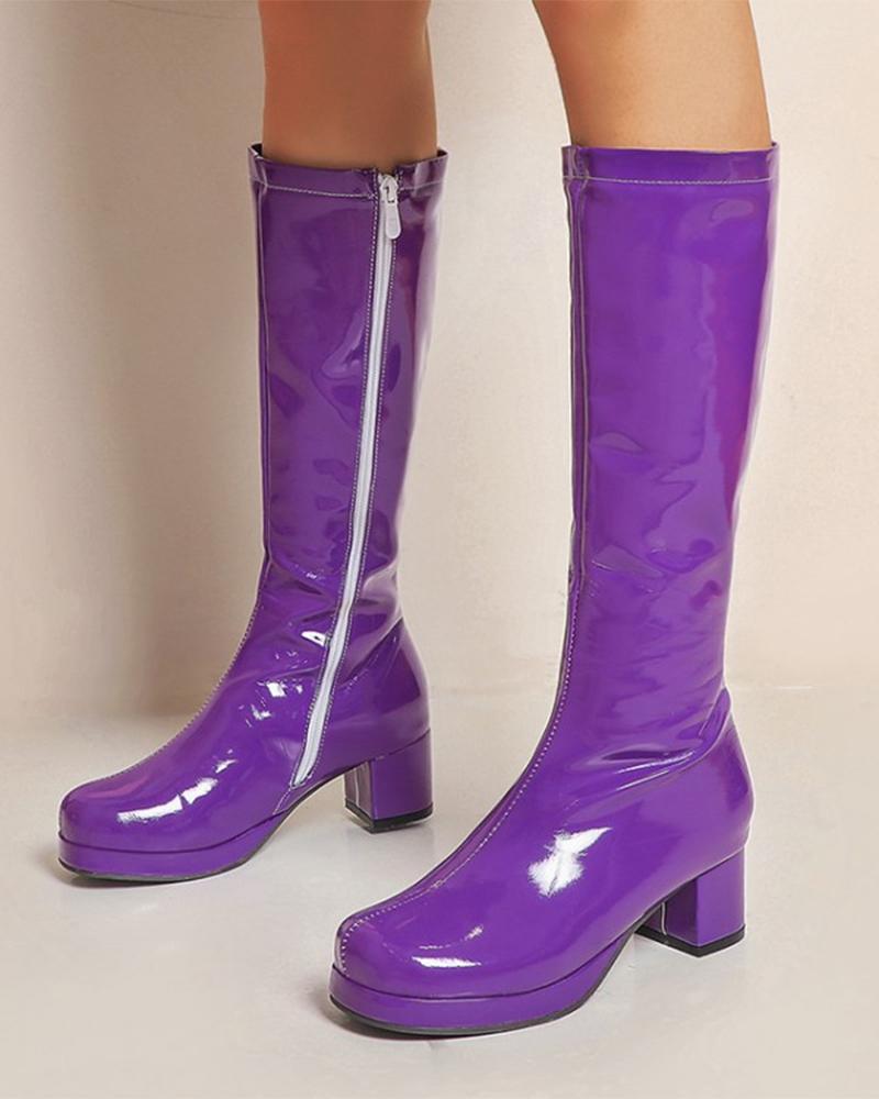 

Solid Patent Leather Round-toe Block Heel Long Boots, Purple