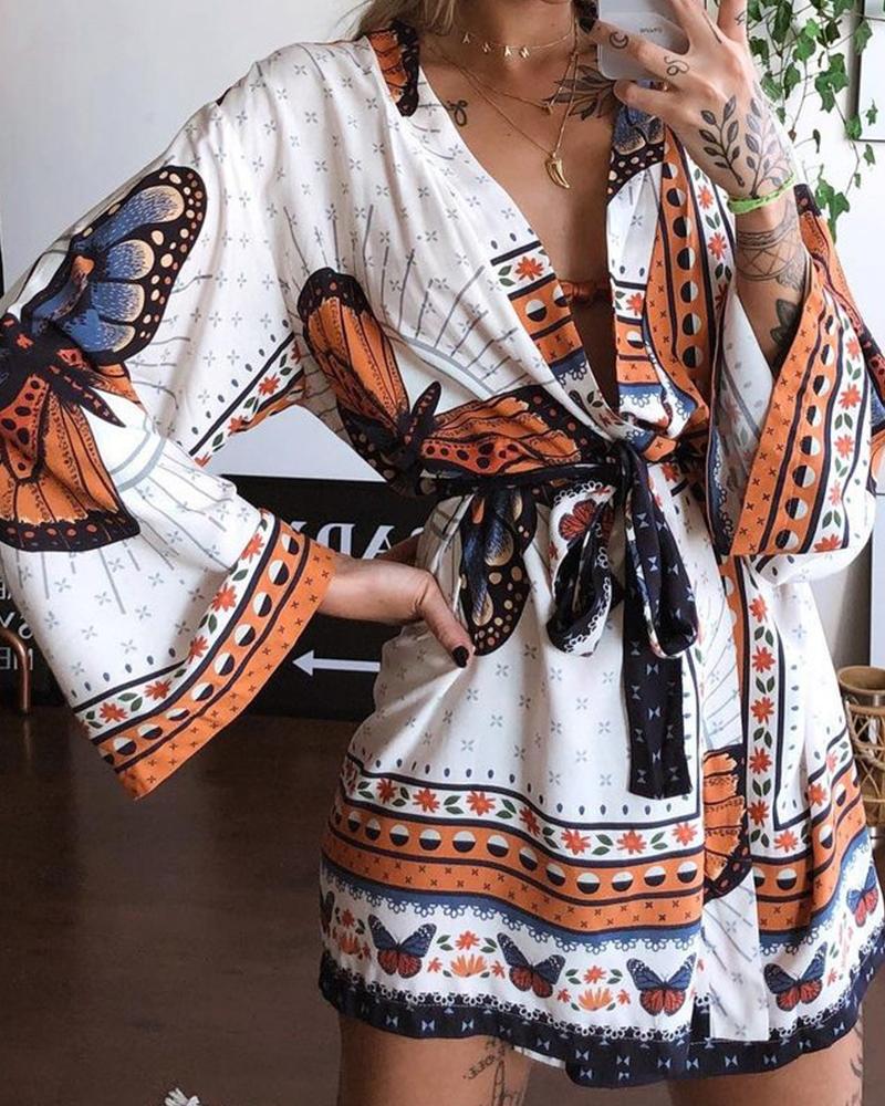 

Retro Pattern Print Long Sleeve Lace-up Waist Mini Dress, Multicolor