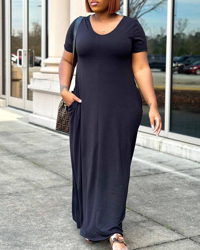 

V-Neck Short Sleeve Maxi Dress, Black