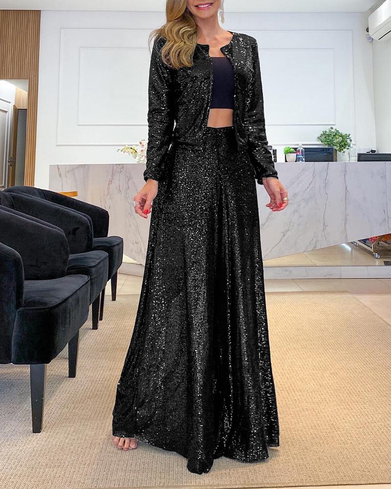 

High Waist Sequin Wide Leg Flared Pants, Black