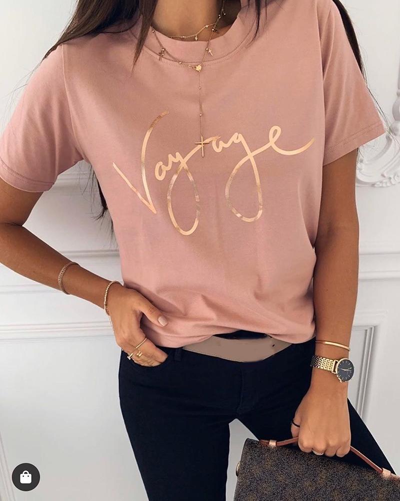 

Letter Print Short Sleeve T-Shirt, Pink