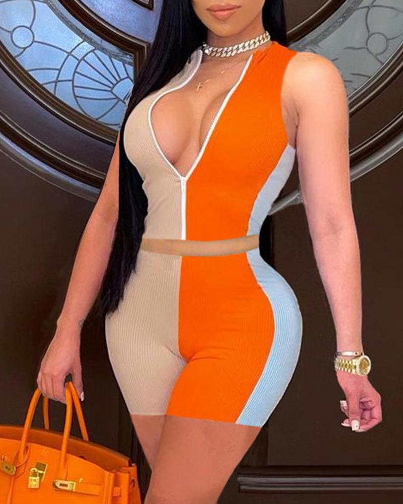 

Colorblock Ribbed Zipper Front Sleeveless Top & Shorts Set, Orange