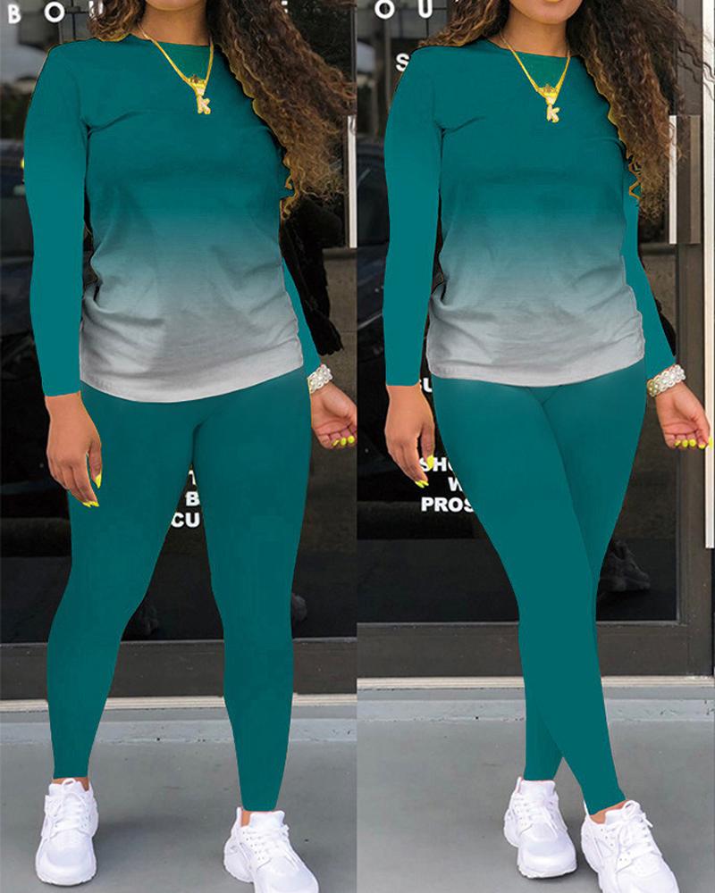 

Plus Size Ombre Long Sleeve Top & Pants Set, Green
