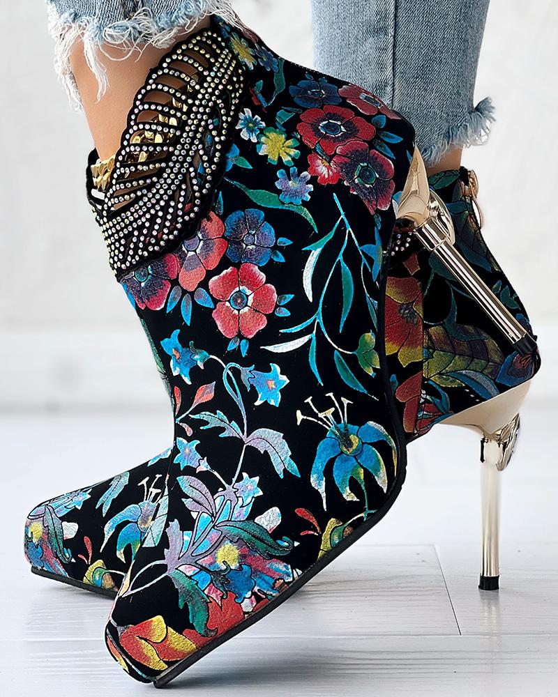 Floral Pattern Rhinestone Hollow Leaf Ankle Boots